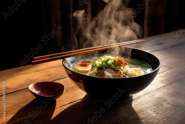 Fototapeta Steaming bowl of ramen sits on a wooden table with chopsticks ready for a cozy dining experience in warm lighting