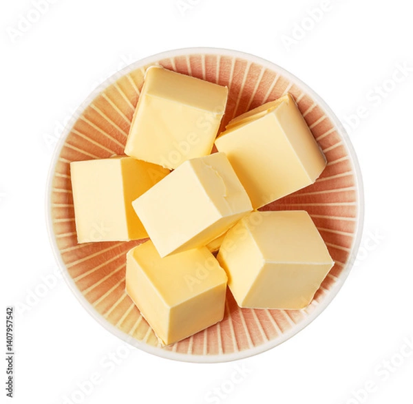 Fototapeta Bowl containing several cubes of butter on transparent background