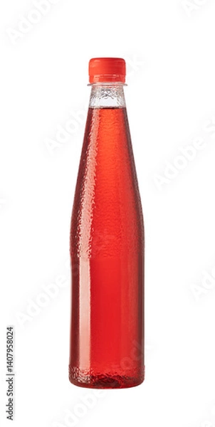 Fototapeta Refreshing red fruit juice in a transparent bottle with red cap on transparent background