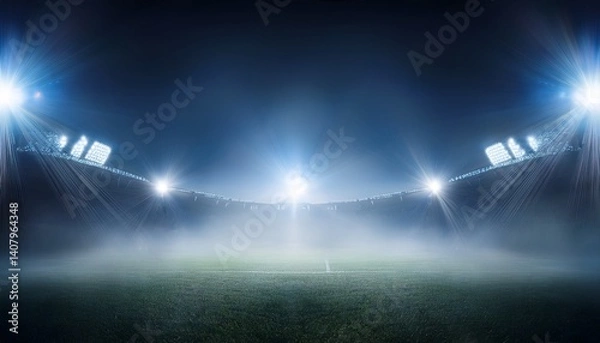 Fototapeta this image depicts an array of bright stadium lights cutting through the misty night air their intense beams creating a vibrant display against a backdrop of hazy darkness