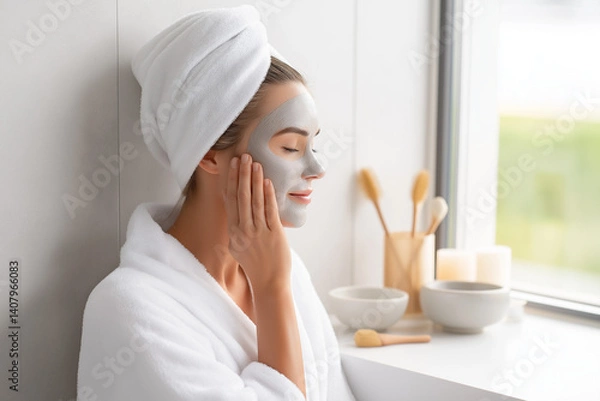 Fototapeta Woman applying clay face mask in spa robe, relaxing by window in natural light