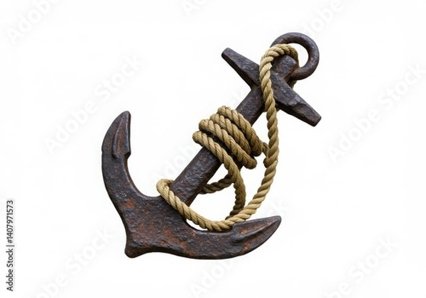Fototapeta A weathered anchor with rope wrapped around it against a plain white background in a studio shot