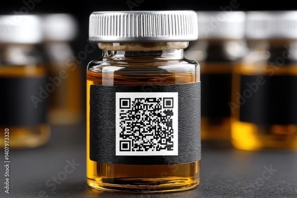 Obraz Medicine vial with tamper-evident smart cap and blockchain-linked serial code providing end-to-end traceability from production to prescription., copy space for text - Regulation