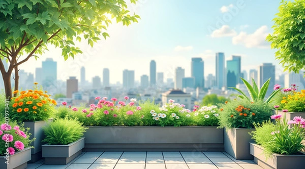 Fototapeta  rooftop garden with vibrant flowers against a blurred city backdrop – refreshing urban oasis with copy space  