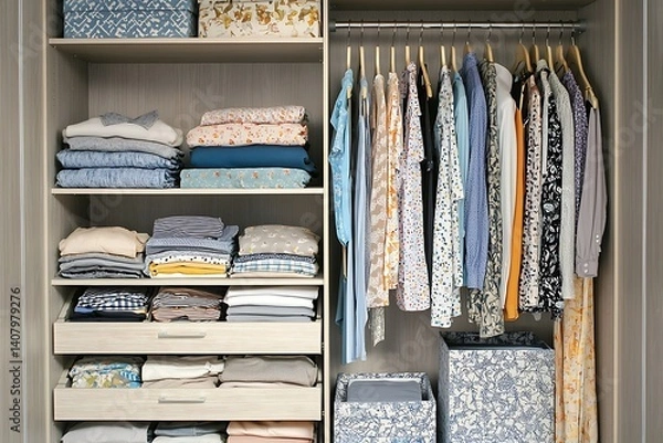 Fototapeta A closet full of clothes with a blue box in the middle