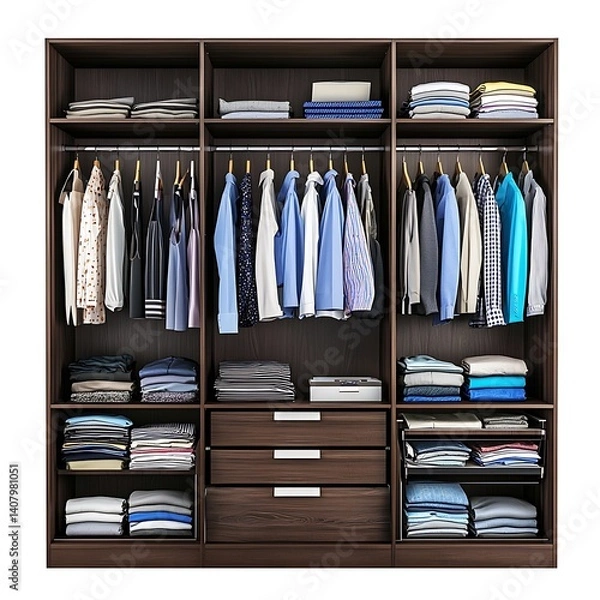 Fototapeta A large wardrobe with many clothes hanging on the racks