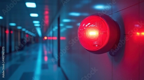 Fototapeta led alarm siren glowing red on wall for safety,security in classroom,stock photo