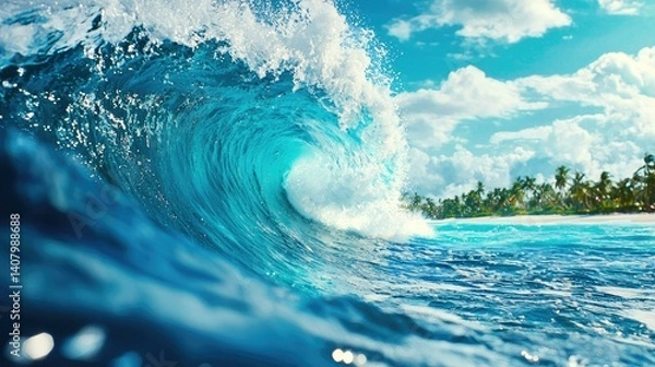 Fototapeta A breathtaking view of vibrant ocean waves crashing against the shore under a sunny sky, surrounded by lush greenery, capturing the beauty and energy of nature in a tropical paradise setting.