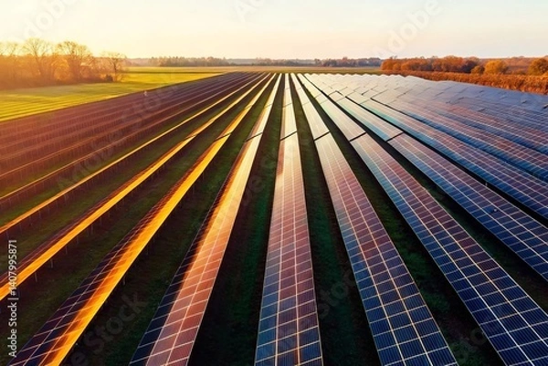 Fototapeta Wide angle view of rows of solar panels in a vast solar farm during sunrise with golden light illuminating the landscape