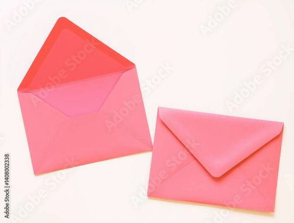 Obraz two pink envelopes on a plain white background. The envelope on the left is open, displaying its triangular flap, while the one on the right is closed, showing a neat, pointed flap (1)