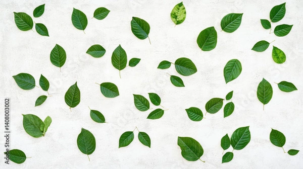 Fototapeta Vintage wallpaper, Scattered green leaves on a textured light background.