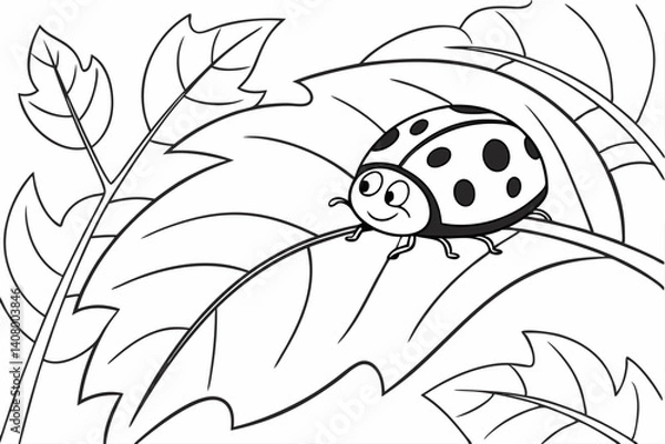 Fototapeta Coloring Pages, a happy ladybug crawling on a leaf, uncolored, black and white
