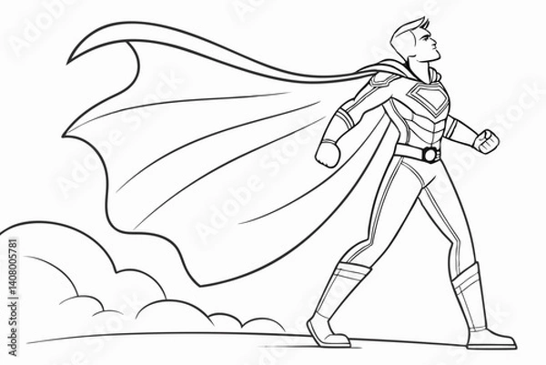 Fototapeta Coloring Pages, a helpful superhero with a flowing cape, colorless, uncolored, black and white