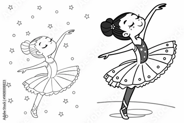 Fototapeta Coloring Pages, a joyful dancer twirling in a tutu, colorless, uncolored, black and white