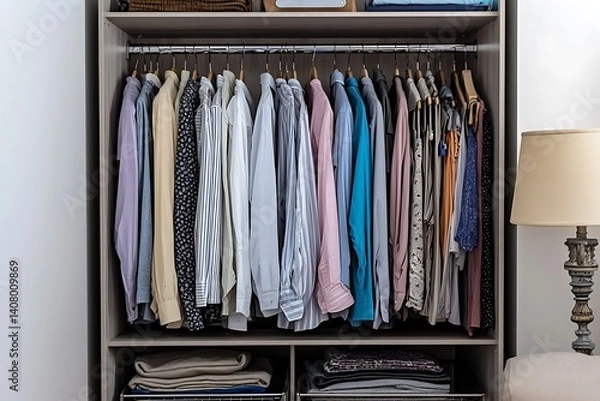Fototapeta A closet full of clothes with a lamp on the floor