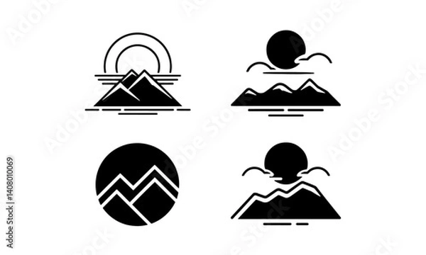 Fototapeta Set of silhouettes of mountains. Collection of stylized rock landscapes with sunset. Coniferous forest. Vector illustrations for travel agencies. Design for postcards.