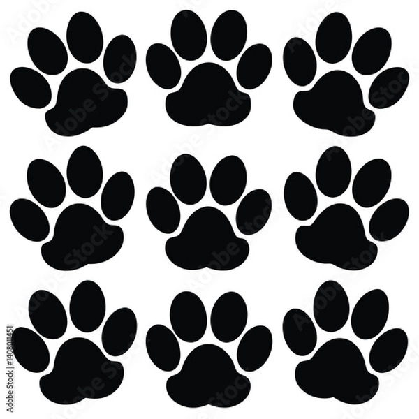 Fototapeta Set of 9 Dog Paw Print Silhouette Icons Vector