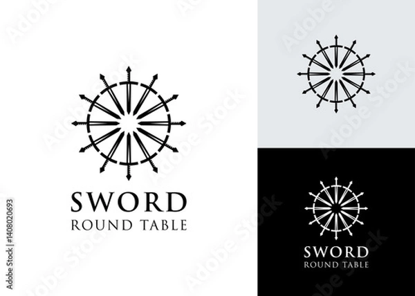 Fototapeta Sword rotating around round table logo design