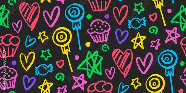 Fototapeta A playful, colorful kid crayon chalk doodle illustration on a black background. Chalk star, heart, flower color, cute element background. Vector illustration
