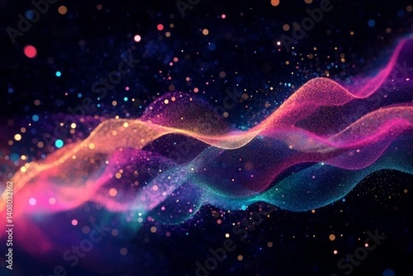 Fototapeta digital abstract data visualization with colorful, flowing lines and connected nodes, set against a dark, minimalist background with space for text, pink on black