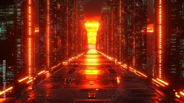 Obraz Futuristic city alleyway glowing with vibrant red light, leading towards a fiery sunset