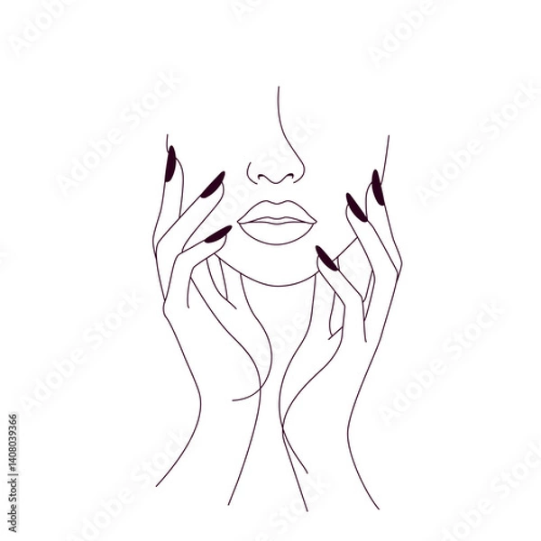 Fototapeta beautiful girl face with beautiful manicure. beauty salon concept in linear endless style. flat vector illustration isolated on white background