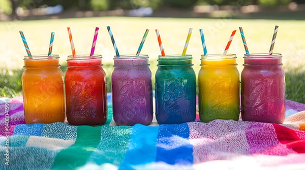 Obraz of rainbow smoothies in mason jars with straws, arranged on a picnic blanket, offering a healthy and colorful drink option for outdoor fun 