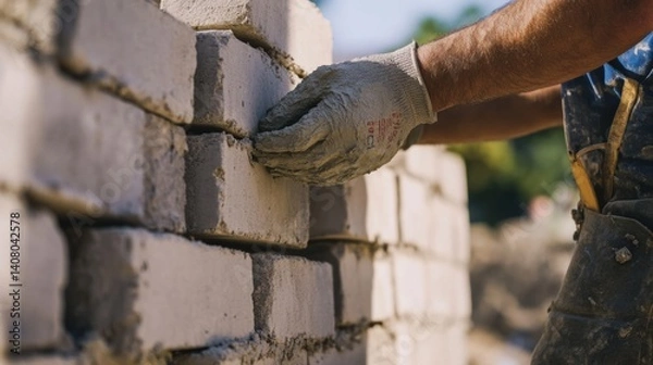 Fototapeta Hispanic mason applying mortar between stone blocks for a wall. Featuring masonry and stonework