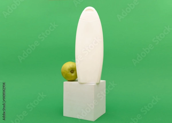 Obraz On the white podium there is a white shampoo tube and a green apple.