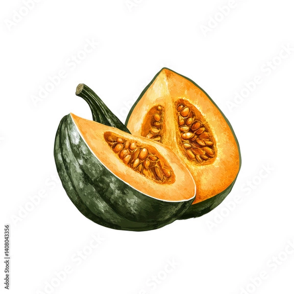 Fototapeta Halved Kabocha Squash with Visible Seeds, Watercolor Style Illustration