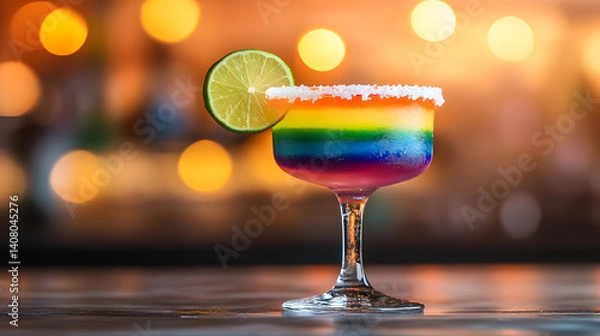 Fototapeta rainbow margarita with multi-colored layers of fruity flavors, garnished with lime and salt, set on a beach bar during sunset 