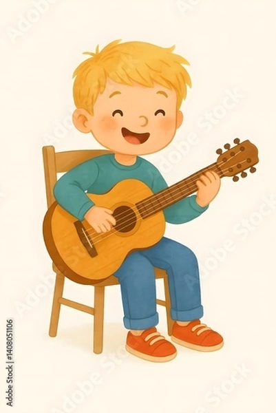 Obraz A cheerful illustration of a blond boy sitting on a wooden chair, enthusiastically playing the guitar. He is wearing a green shirt, jeans and bright orange sneakers. His face conveys pure happiness an