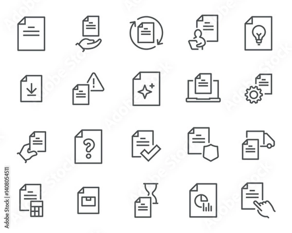 Obraz Vector Set of Editable Linear Style Icons on the Theme of Documents and Workflows. Includes icons for documents, downloading, verification, filtering, file handling, and analysis.