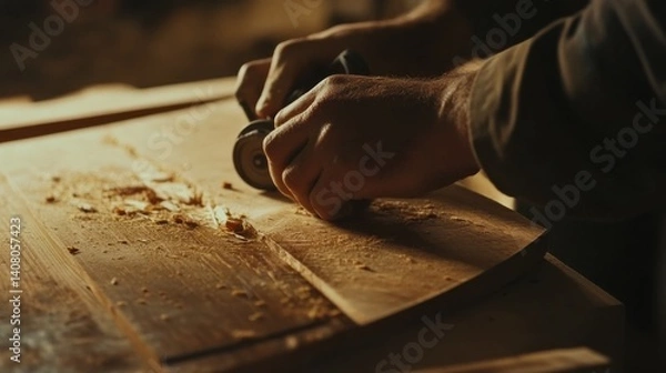 Fototapeta Carpenter cutting a wooden board with a circular saw. Featuring skill and precision