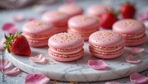 Fototapeta Delicate pink macarons with golden sprinkles on marble surface surrounded by flower petals - AI generated dessert photography