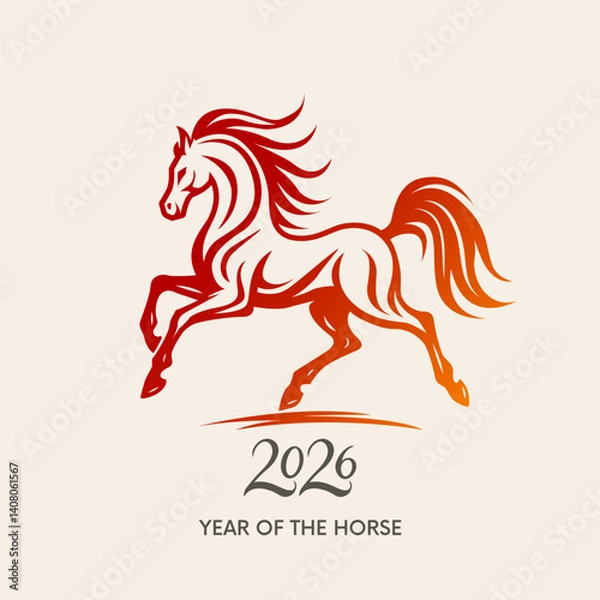 Fototapeta Running red fire horse symbol of new year 2026 according to Asian Chinese calendar. greeting card or banner. vector illustration