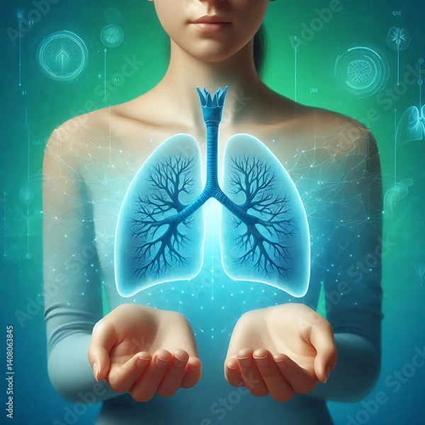 Obraz A human lungs between two palms of a woman on  blue and green background. The concept of a healthy lungs.