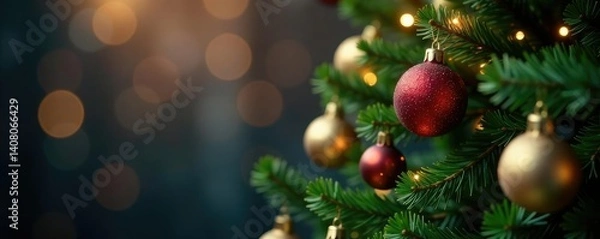 Fototapeta Decorated evergreen branch with ornaments and lights on a Christmas background, xmas, festive