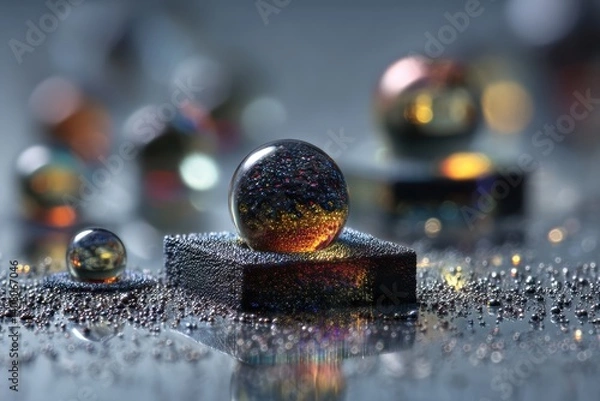 Fototapeta A surreal macro scene featuring glass-like reflective spheres with glowing amber and red cores placed on a textured dark surface scattered with tiny metallic particles