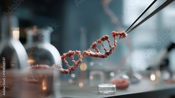 Fototapeta A highly detailed representation of a DNA strand being carefully lifted by tweezers over a petri dish in a laboratory setting with a blurred scientific background