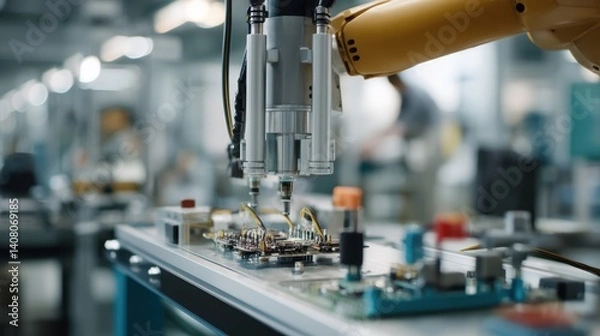 Obraz A close-up view of a robotic arm precisely positioning a microchip onto a blue circuit board inside an advanced electronics manufacturing environment with high accuracy