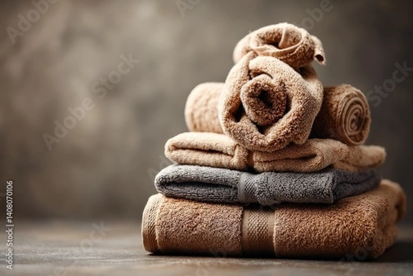 Fototapeta Soft towels stacked neatly in a calming bathroom setting with neutral colors and warm lighting