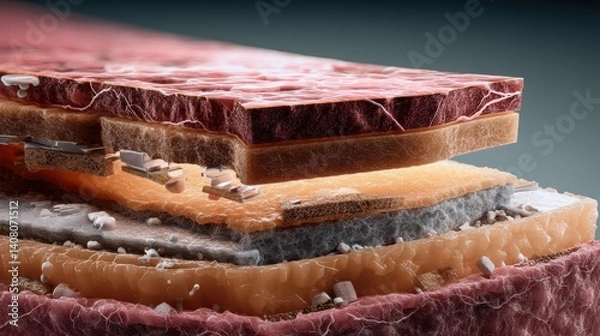 Fototapeta A highly detailed cross-sectional illustration showing multiple textured layers resembling biological tissue or synthetic material with fibrous and granular composition