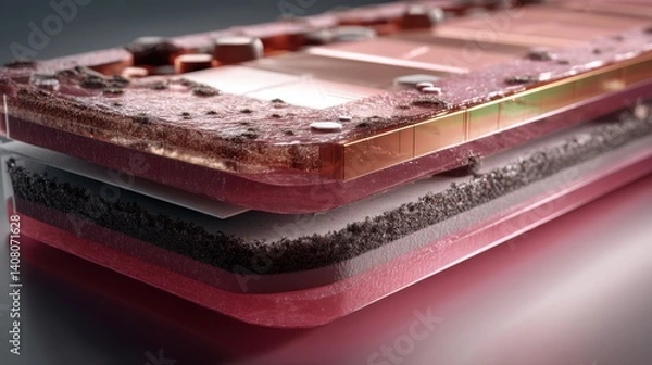 Obraz A detailed close-up of a pinkish layered synthetic material block featuring embedded electronic circuits and textures resembling microchips and substrate components