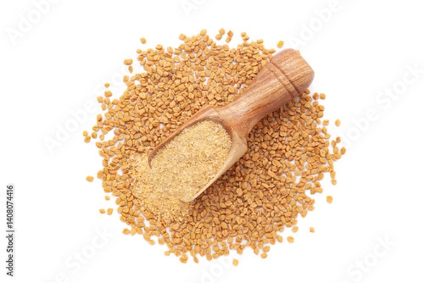 Obraz A wooden scoop filled with organic Fenugreek seeds (Trigonella foenum-graecum) powder, placed on a heap of fenugreek seeds, isolated on a white background.