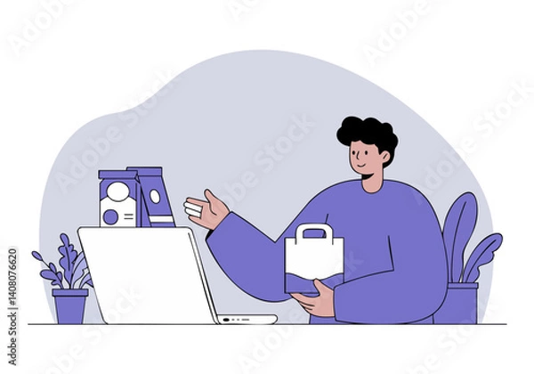 Fototapeta A young man sits at a desk with a laptop, holding a shopping bag with a discount symbol. He appears happy and engaged, suggesting online shopping and deals.