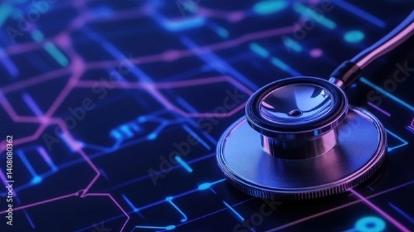 Fototapeta A stethoscope resting on a vibrant circuit board background, symbolizing healthcare technology