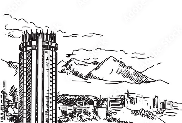 Obraz Architectural drawing sketch Almaty hotel Kazakhstan with mountain landscape on background. Vector illustration