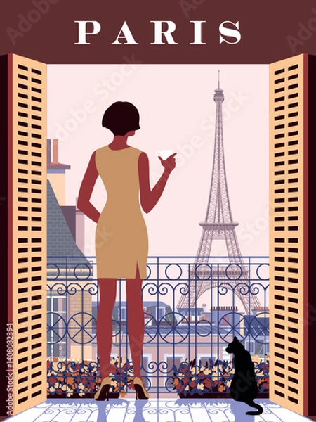 Obraz Paris cityscape with woman and cat on balcony in first plan and traditional French houses, mansards, roofs and Eiffel Tower in background. Handmade drawing sketch vector illustration.