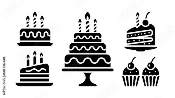 Fototapeta Festive Sweet Treats: A delightful assortment of celebratory sweets, featuring tiered cakes with candles and individual cupcakes, rendered in a sleek and minimalistic vector design. 